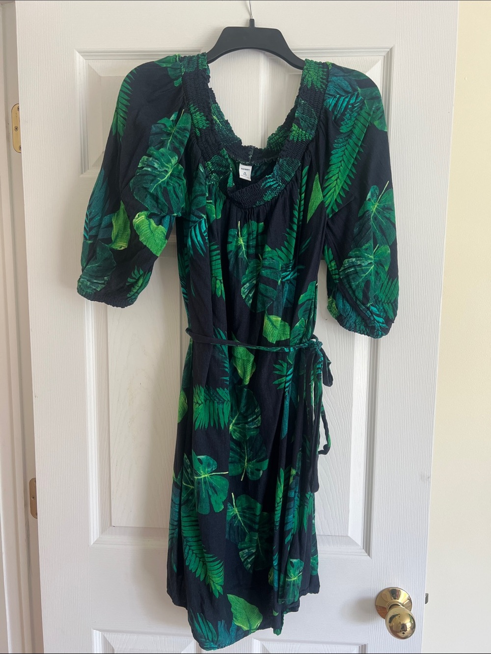 Old Navy Black Midi Dress with Green Tropical Leaf Print